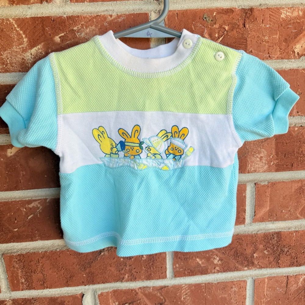VintageBaby/Toddler Short Sleeve Top in Light Blue and Lime - Cute Bunny Graphic